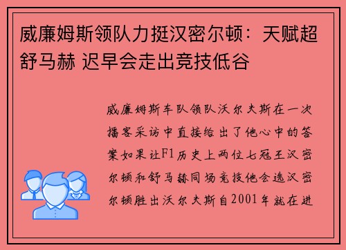威廉姆斯领队力挺汉密尔顿：天赋超舒马赫 迟早会走出竞技低谷